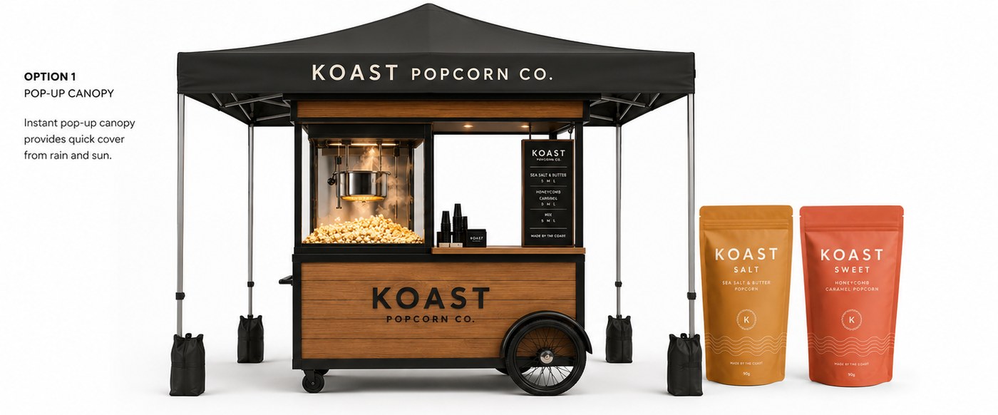 KOAST Popcorn Co. market cart with pop-up canopy