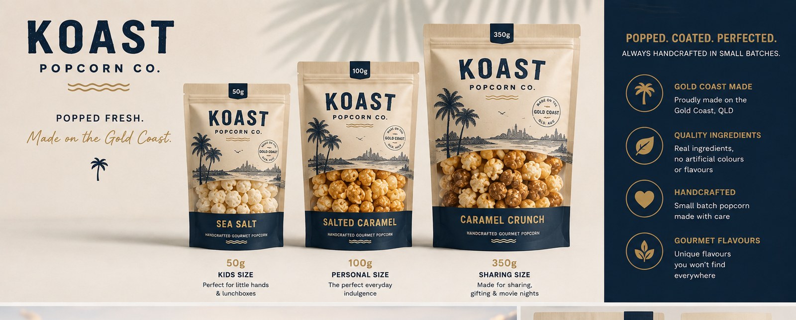 KOAST Popcorn Co. gourmet popcorn bags in three sizes, Sea Salt, Salted Caramel and Caramel Crunch