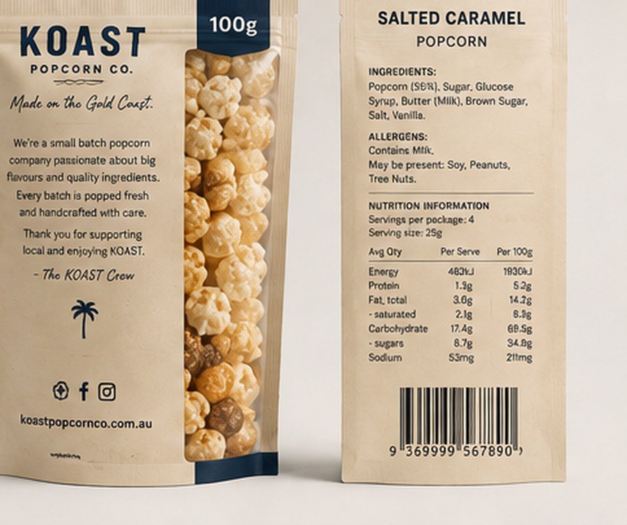 KOAST Salted Caramel Popcorn packaging, front and back