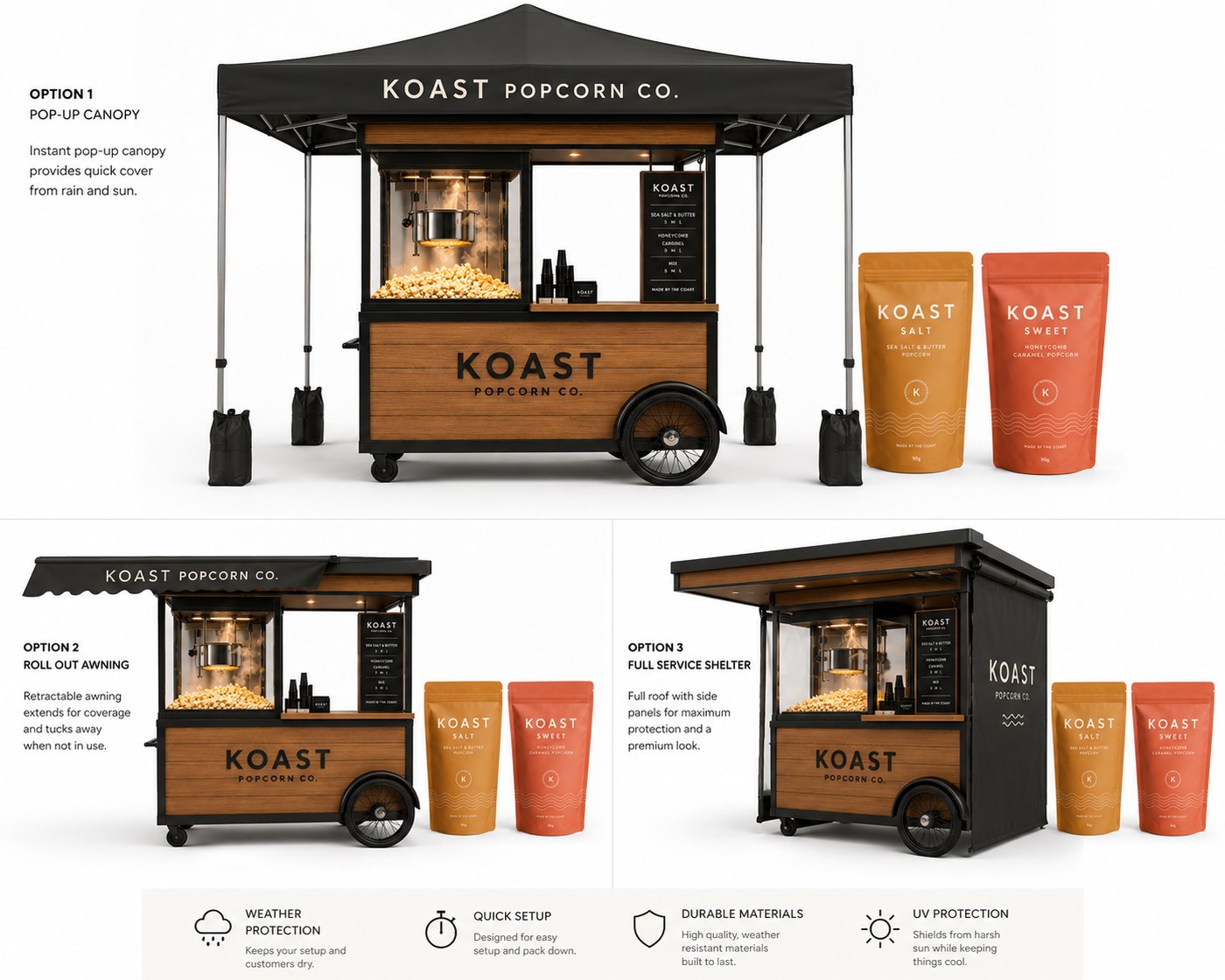 KOAST Popcorn Co. popcorn cart setup options